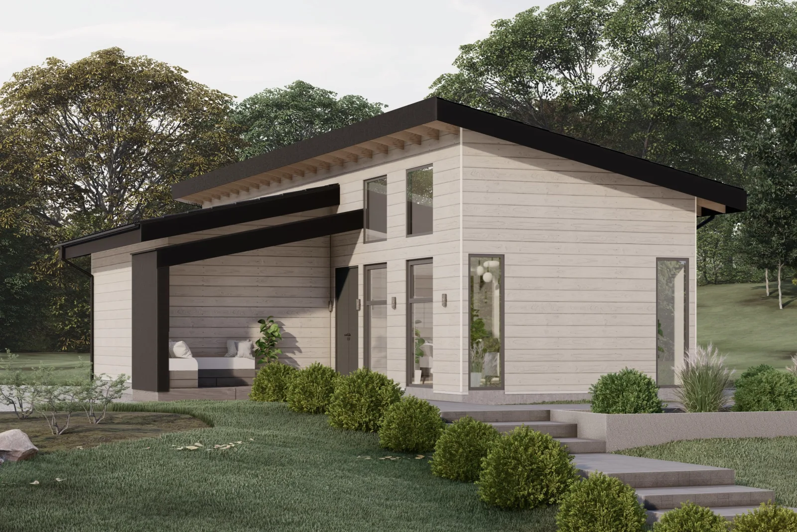 Plano de casa MODELO CM 203 de 90 m², 3 dormitorios y 2 baños, vista 1