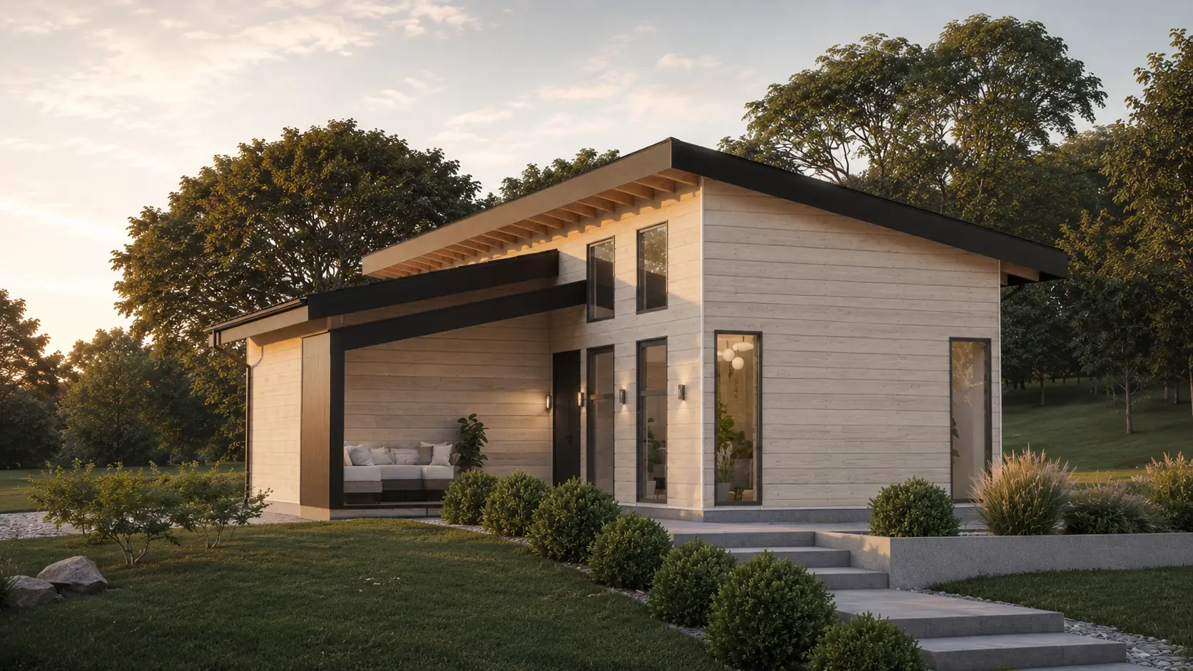 Casa clara de madera con techo negro inclinado y porche de Planos Base