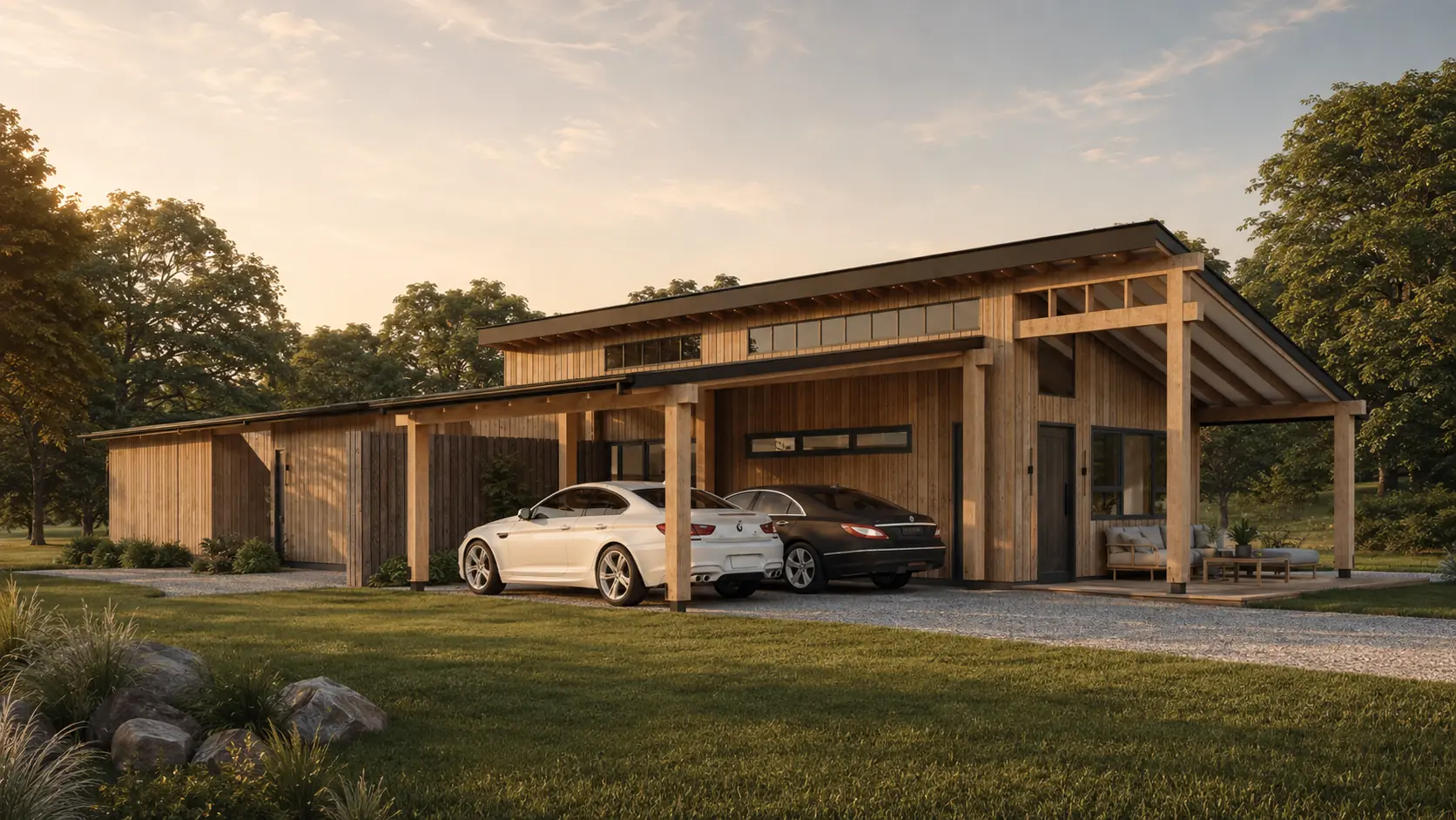 Casa de madera con estacionamiento cubierto de Planos Base
