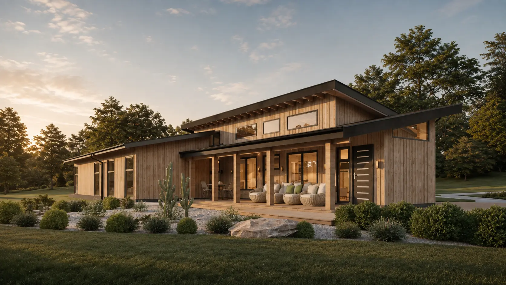Casa moderna de madera con porche frontal de Planos Base